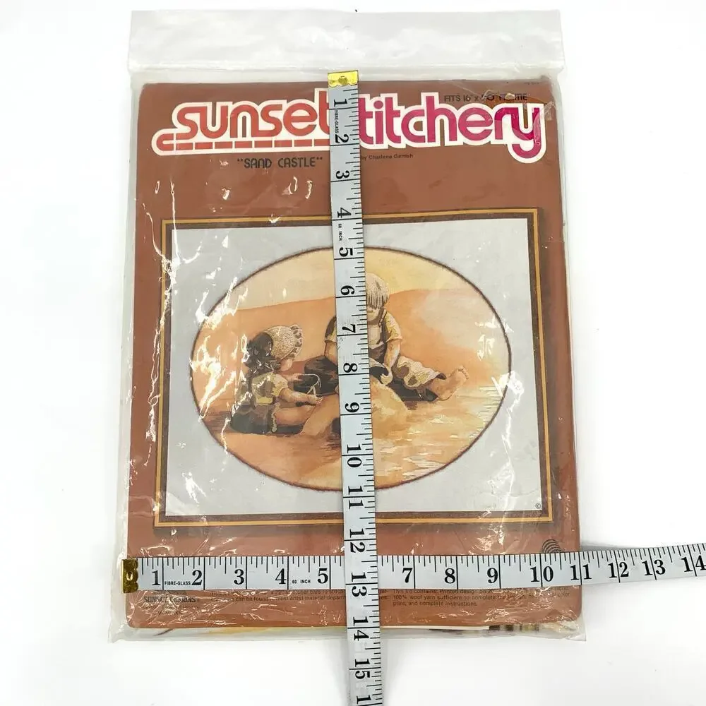 Sunset Stitchery Vintage 1981 Sealed Needlepoint Kit Children Sand Castle Sunset